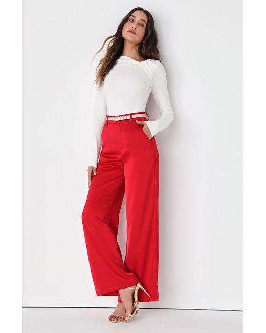 Lulus Red Modern Approach Satin Wide-Leg Pants