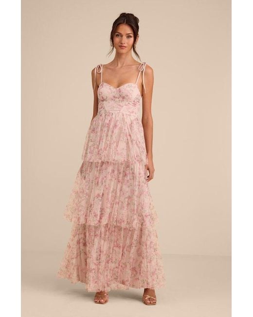 Lulus Pink Blissfully Gorgeous Blush Floral Tie-Strap Bustier Maxi Dress