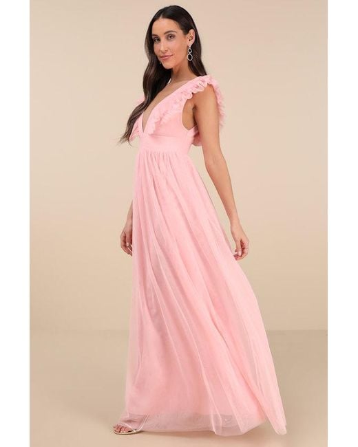 Lulus Pink Simply Delighted Mesh Ruffled Backless Maxi Dress