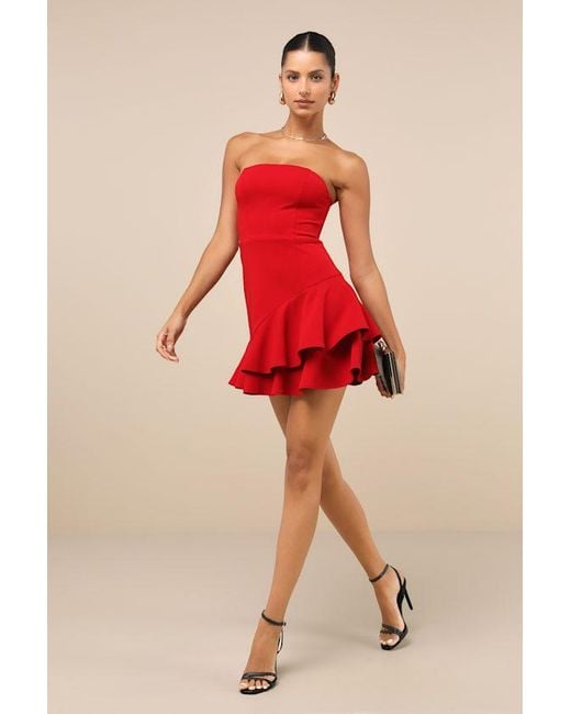 Lulus Red Sultry Intentions Strapless Ruffled Mini Dress