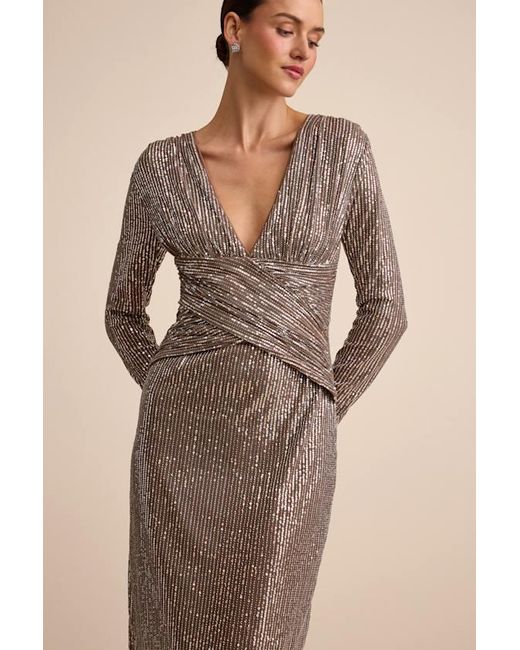 Lulus Natural Helena And Sequin Long Sleeve Midi Dress