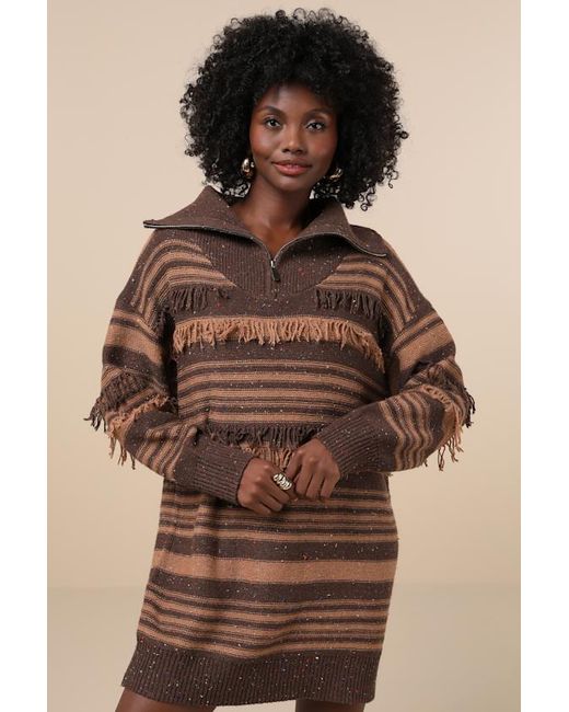 Lulus Natural Ultimate Coziness Striped Quarter-Zip Sweater Mini Dress