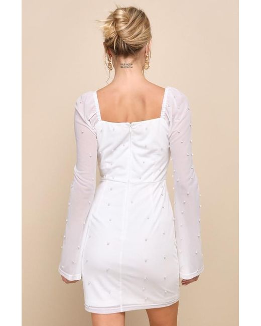 Lulus White Flirty Luxury Mesh Pearl Long Sleeve Mini Dress