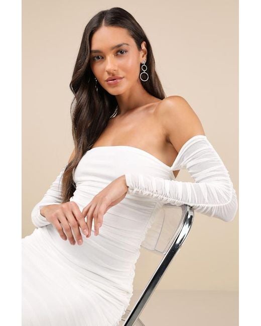 Lulus Natural Desirable Date Mesh Ruched Off-The-Shoulder Midi Dress