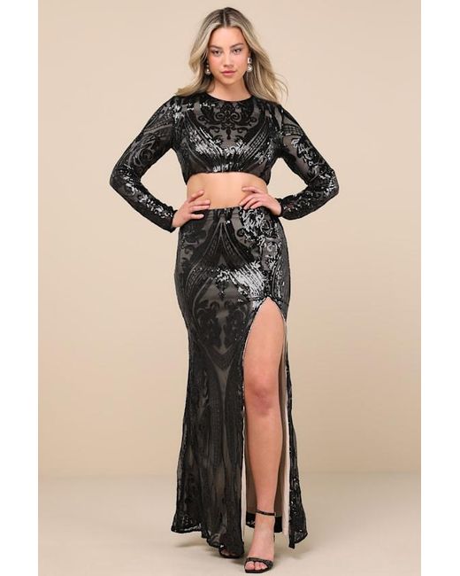 Lulus Black Luxe Aesthetic Sequin Long Sleeve Two-Piece Maxi Dress