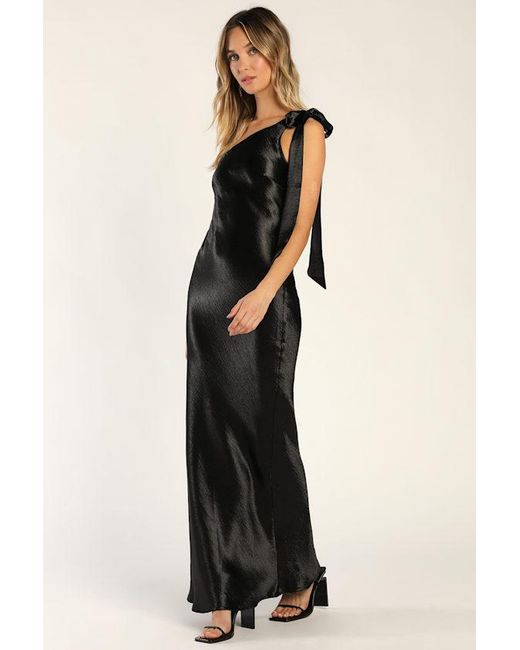 Lulus Black Lavish Looks Satin One-Shoulder Tie-Strap Maxi Dress