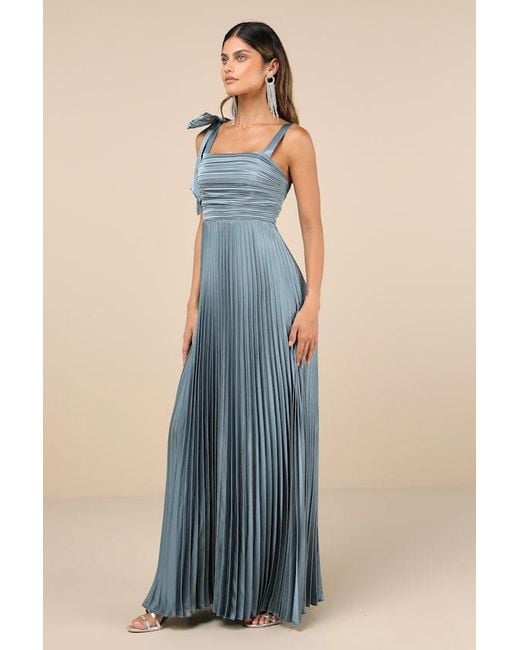Lulus Blue Gorgeous Purpose Slate Satin Pleated Sleeveless Bow Maxi Dress