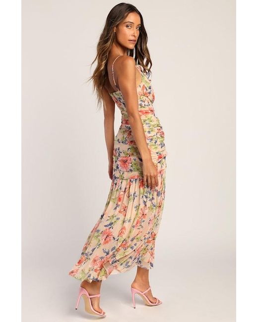 Lulus Natural Stunning Soiree Floral Print Ruched Midi Dress