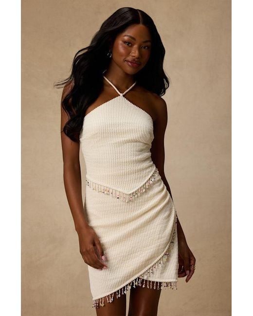 Lulus Natural Prima Knit Beaded Lace-Up Mini Dress