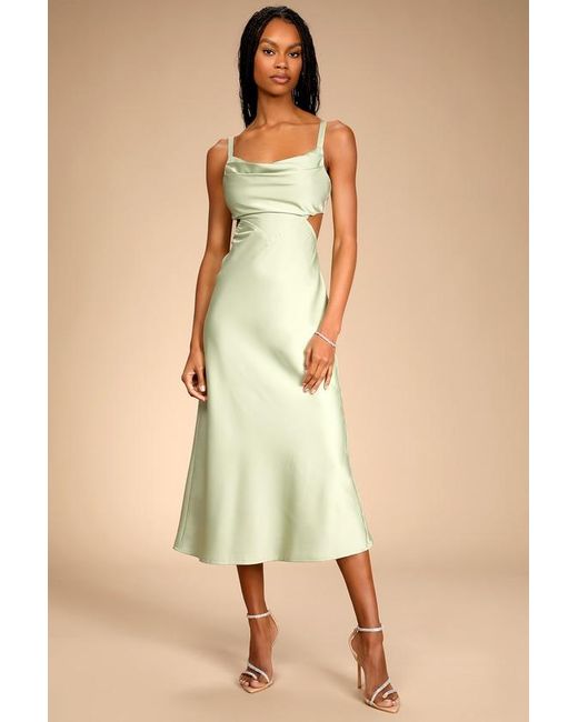 Lulus Natural Stun To Remember Sage Satin Cowl Neck Cutout Midi Dress