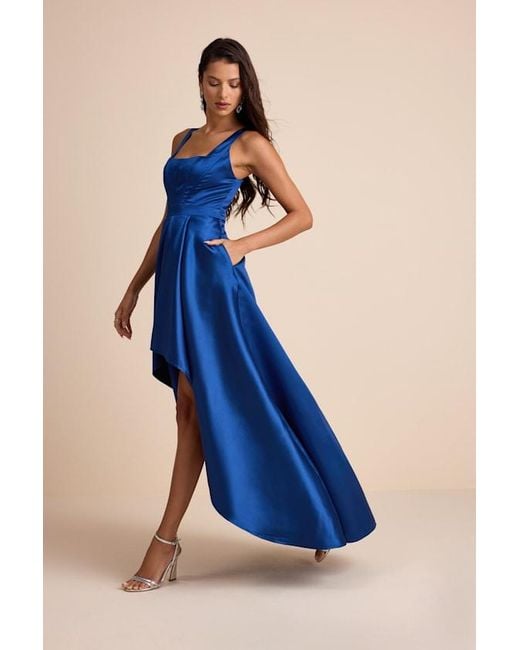 Lulus Blue Wisola Taffeta Pleated Corset High-Low Maxi Dress