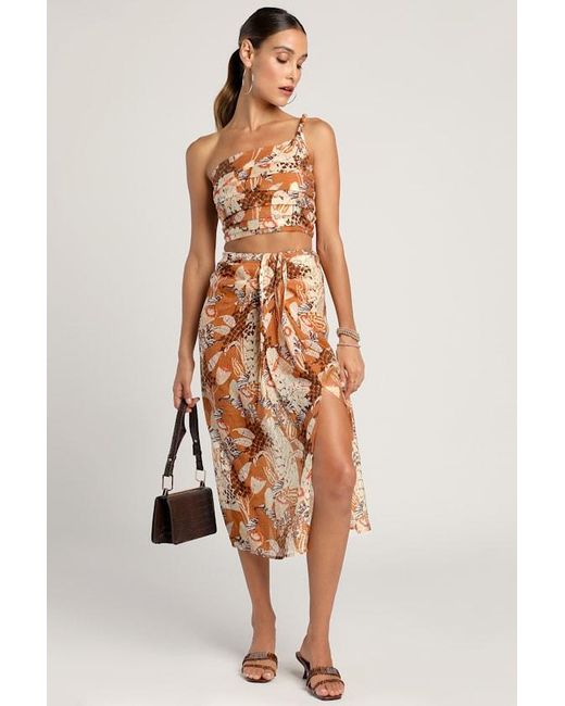 Lulus Brown Something Wild Multi Print Pleated One-Shoulder Crop Top