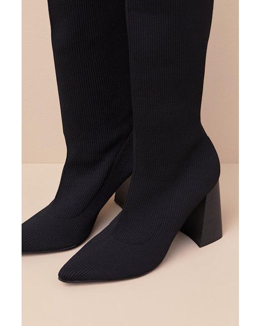 Lulus Black Zolla Ribbed Knit Pointed-Toe Knee-High Sock Boots