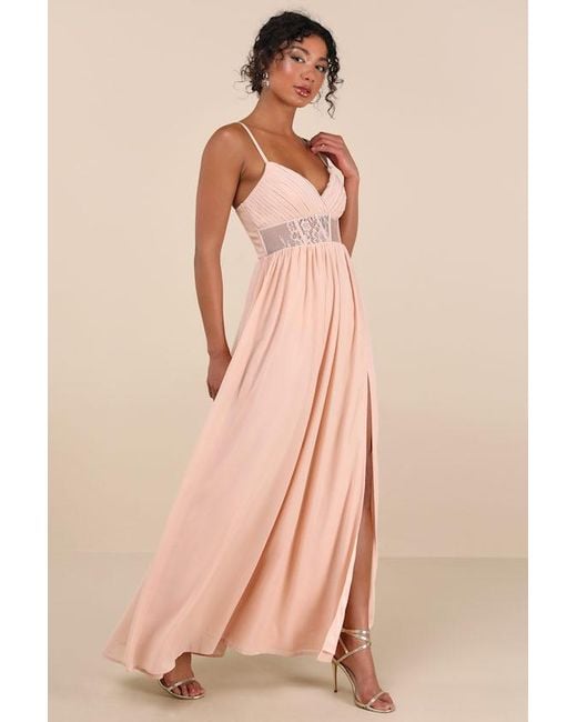 Lulus Kaylin Blush Pleated Lace Maxi Dress in Pink | Lyst