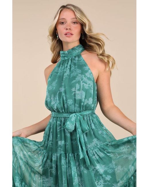 Lulus Green Float To You Floral Print Halter Tiered Midi Dress