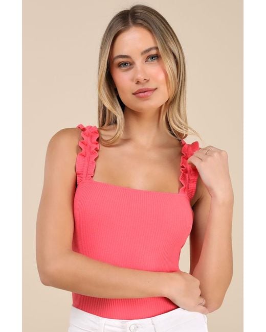 Lulus Pink Musing About You Ribbed Ruffle Strap Bodysuit