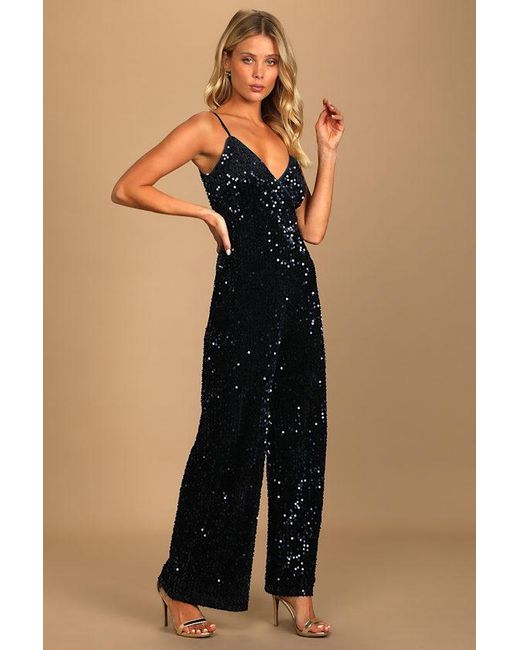 Lulus Blue Dazzling Demeanor Velvet Sequin Straight Leg Jumpsuit