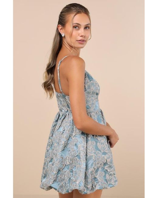 Lulus Blue Dreamlike Aura Slate Floral Jacquard Bubble-Hem Mini Dress