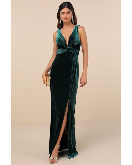 Lulus Blue Enhanced Aura Emerald Velvet Cowl-Back Maxi Dress