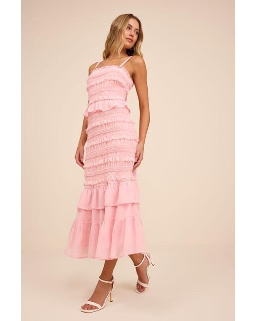 Lulus Pink Harley Smocked Ruffled Midi Dress
