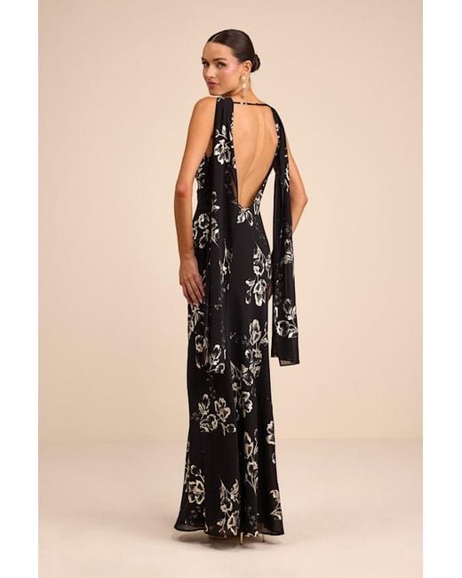 Lulus Black Sidonia Floral Cowl Sash Maxi Dress