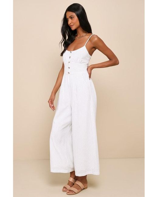 Lulus Natural Coastal Air Striped Tie-Back Culotte Jumpsuit