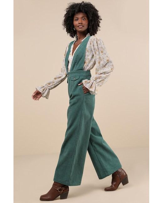 Lulus Green Autumn Energy Corduroy Wide-Leg Overall Jumpsuit