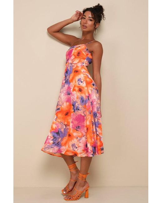Lulus Red Radiant Feelings And Floral Chiffon Midi Dress