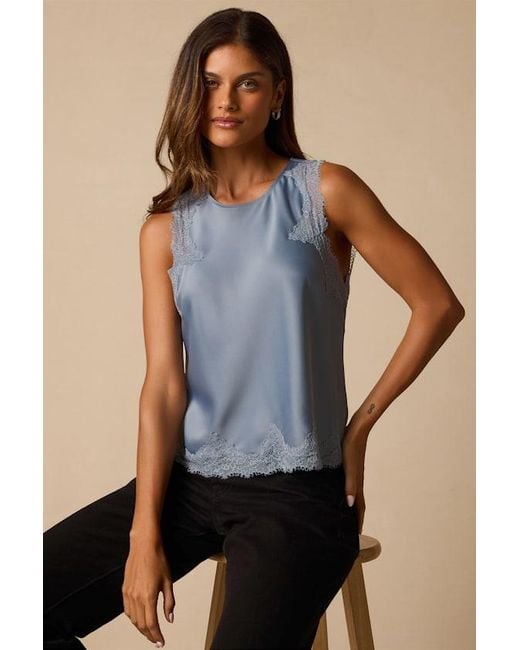 Lulus Blue Jaynae Lace Trim Satin Tank Top