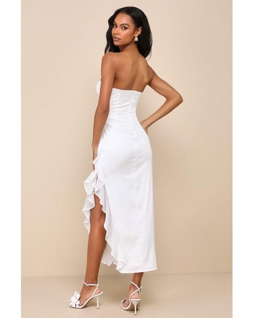 Lulus Natural Graceful Perfection Satin Ruffled Strapless Midi Dress