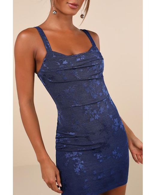 Lulus Blue Ever So Flirty Mesh Floral Cowl Bodycon Mini Dress