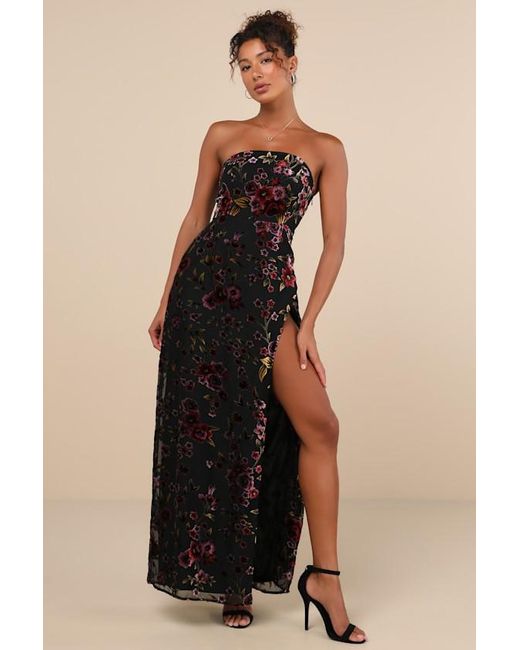 Lulus Blue Alluring Figure Floral Velvet Burnout Strapless Maxi Dress