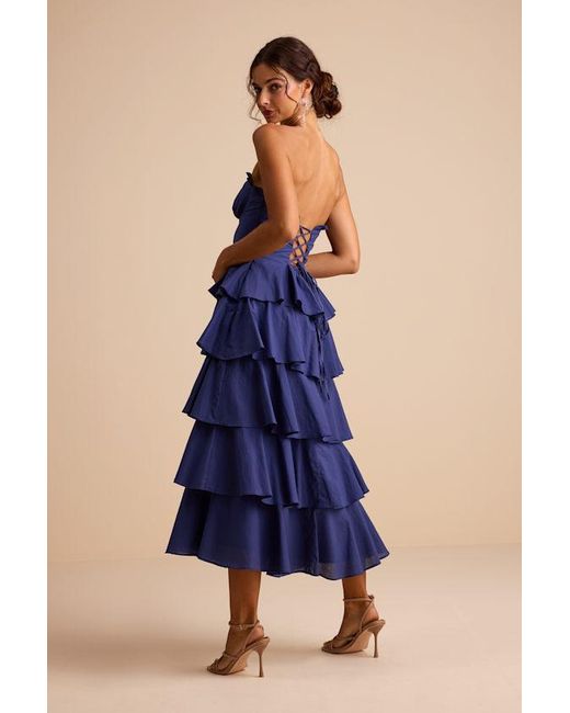 Lulus Blue Nayha Strapless Tiered Midi Dress