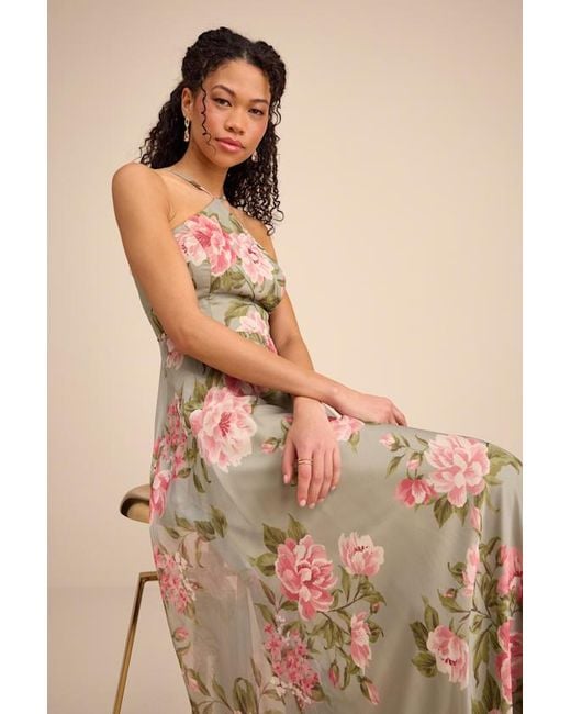 Lulus Natural Romantic Marvel Sage Floral Print Halter Neck Maxi Dress