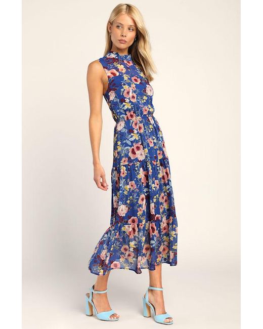 Lulus Blue In My Dreams Floral Print Midi Dress