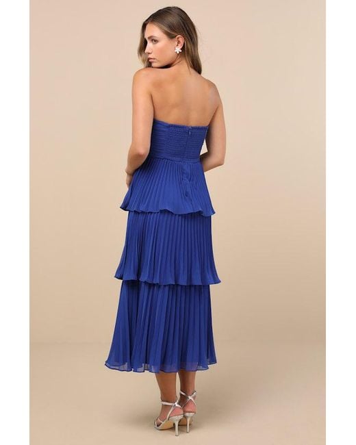 Lulus Blue Seriously Sensational Strapless Tiered Midi Dress