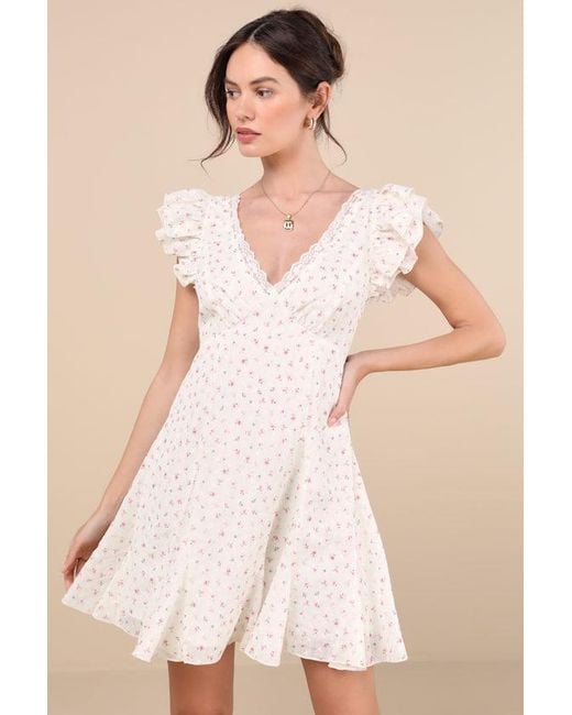 Lulus Natural Eben Ditsy Floral Flutter Sleeve Mini Dress