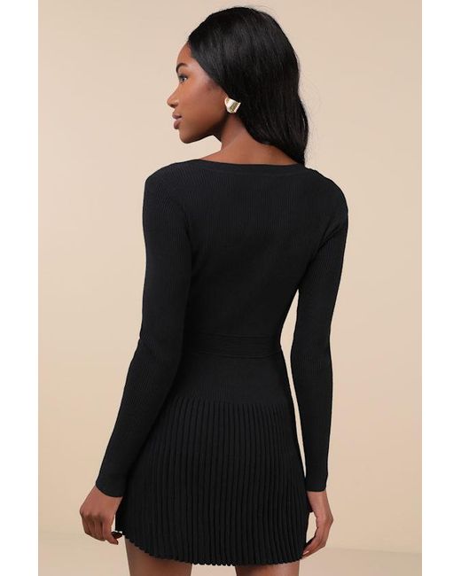 Lulus Black Chicest Crush Ribbed Long Sleeve Mini Sweater Dress