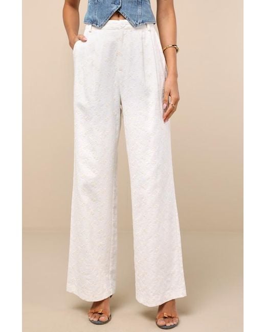 Lulus Natural Andrey Cream Floral Embroidered Straight-Leg Trouser Pants