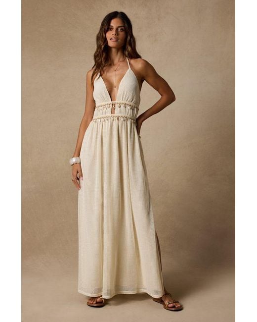 Lulus Brown Alda Cream Crochet Knit Seashell Maxi Dress