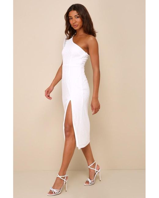 Lulus Natural Amazing Glamour Polka Dot Mesh One-Shoulder Midi Dress