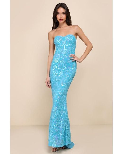 Lulus Blue Glam Aura Iridescent Sequin Strapless Maxi Dress