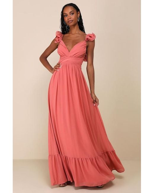 Lulus Red Soiree Celebration Rusty Rose Ruffled Lace-Up Maxi Dress