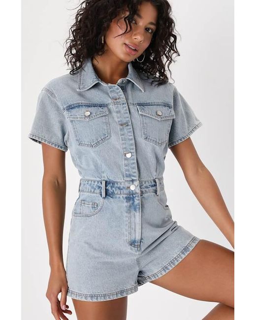 Lulus Blue Festival Feelin' Light Wash Short Sleeve Denim Romper