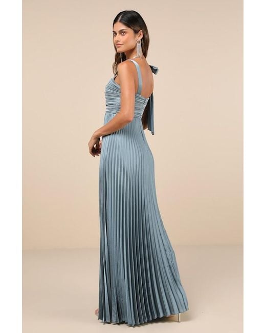 Lulus Blue Gorgeous Purpose Slate Satin Pleated Sleeveless Bow Maxi Dress