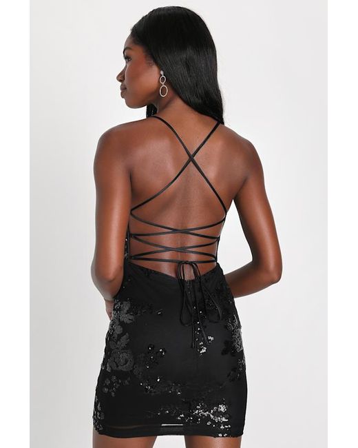 Lulus Black Valhalla Mesh Sequin Lace-Up Mini Dress