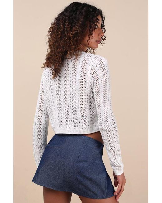 Lulus White Alwilda Pointelle Knit Tie-Front Cardigan Sweater Top