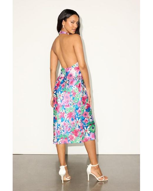 Lulus Blue Beyond Classy And Floral Satin Halter Midi Dress