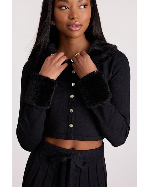 Lulus Black Layden Faux Fur Collared Cardigan