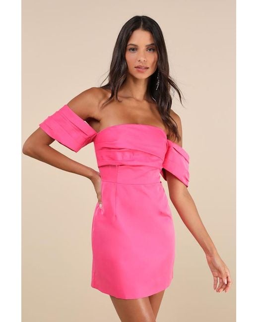 Lulus Pink Totally Haute Hot Satin Pleated Off-The-Shoulder Mini Dress